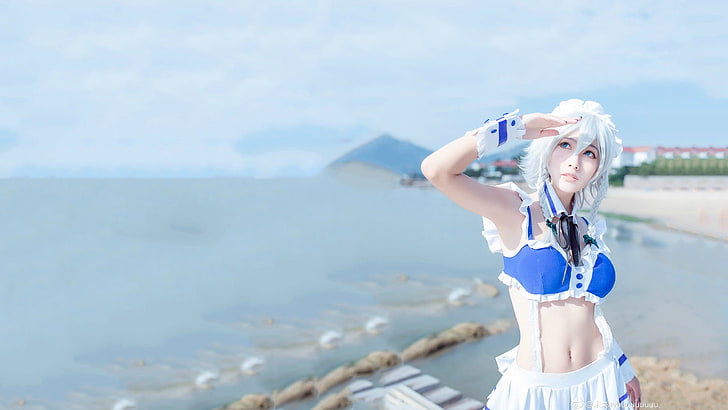 women's blue and white cosplay costume, Izayoi Sakuya, Touhou, HD wallpaper