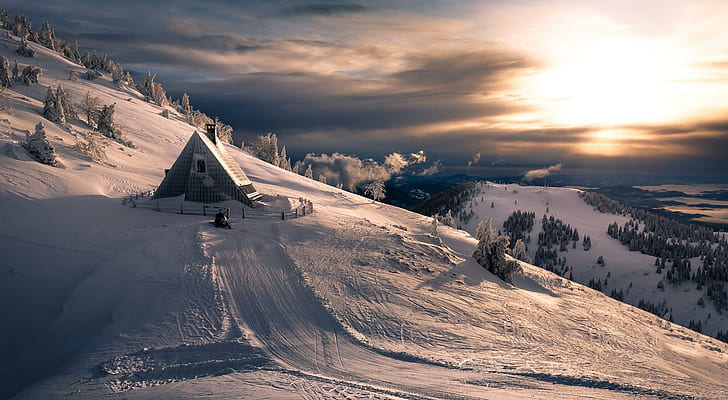 winter, nature, landscape, snow caps, mountains, cabin, trees, HD wallpaper