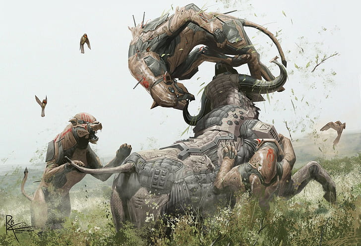 three brown felines illustration, buffalo, science fiction, art and craft, HD wallpaper