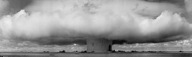 mushroom cloud, atomic bomb, monochrome, water, sea, architecture
