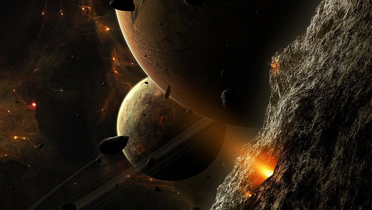 brown planet, space, stars, space art, asteroid, no people, fire, HD wallpaper