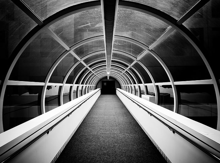 You Took My Breath Away, gray glass tunnel, Black and White, Architecture, HD wallpaper