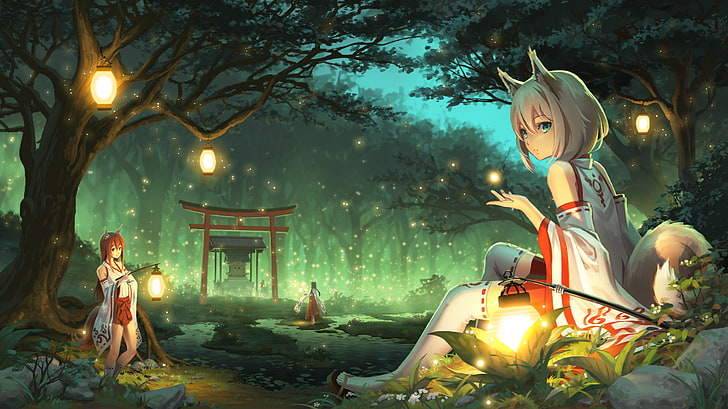 futuristic girl sitting on grass field, anime, anime girls, animal ears