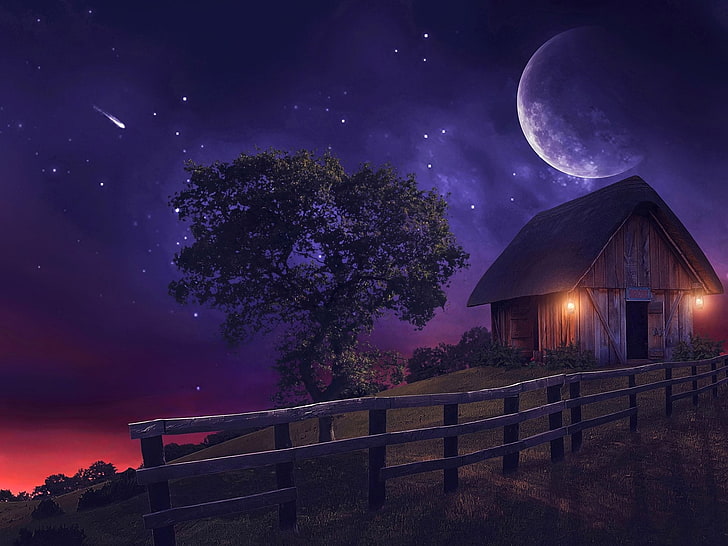 Artistic, Fantasy, Fence, Moon, Shed, Stars, Tree, night, sky, HD wallpaper