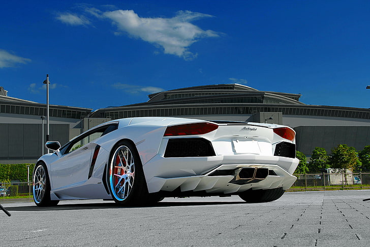 white Lamborghini Aventador coupe, lp700-4, paving tiles, sky, HD wallpaper