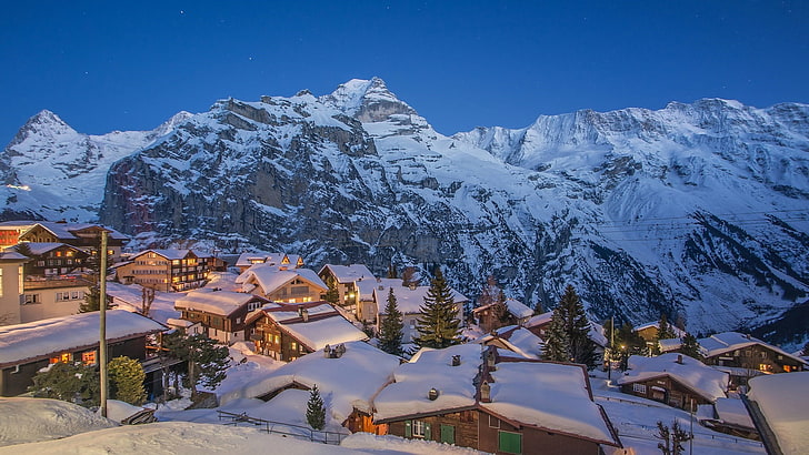 mountain range, snow, winter, sky, alps, mountain village, tree, HD wallpaper