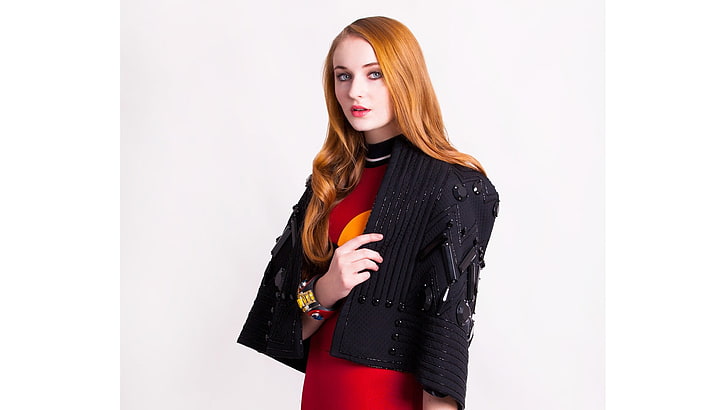 Sophie Turner, actress, women, redhead, simple background, celebrity