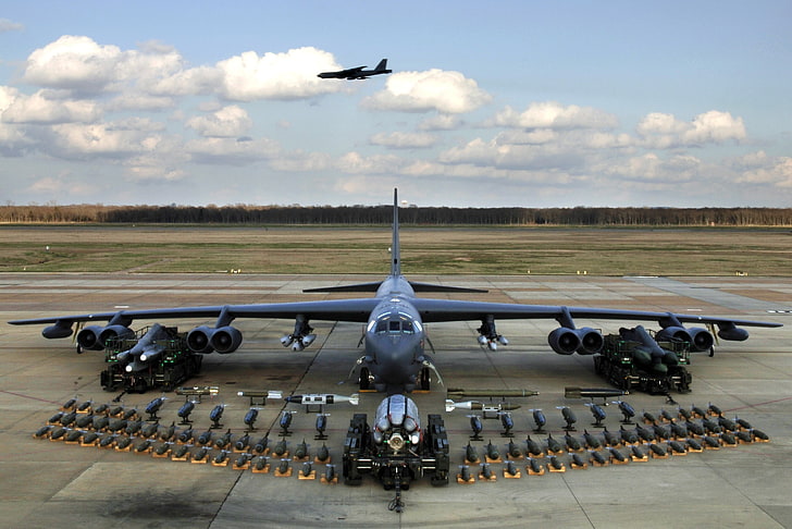 black airplane, bombs, Bomber, Boeing B-52 Stratofortress, aircraft, HD wallpaper