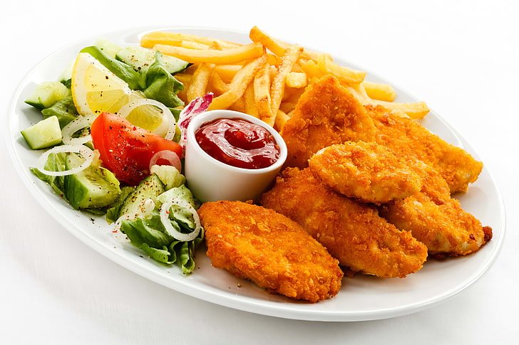 chicken nuggets and potato fries, burgers, ketchup, lettuce, potatoes, HD wallpaper