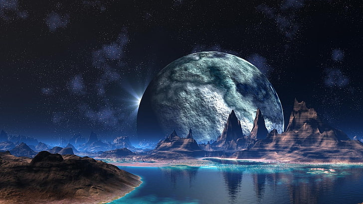 moon, body of water, and mountain, space, fantasy art, artwork, HD wallpaper