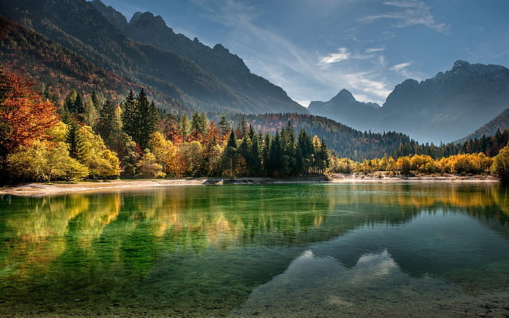 body of water, calm body of water surrounded with trees and mountains