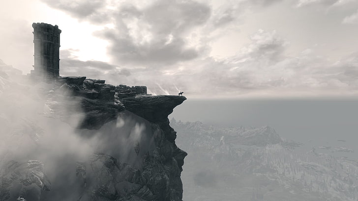 gray cliff with foggy surface, The Elder Scrolls V: Skyrim, video games