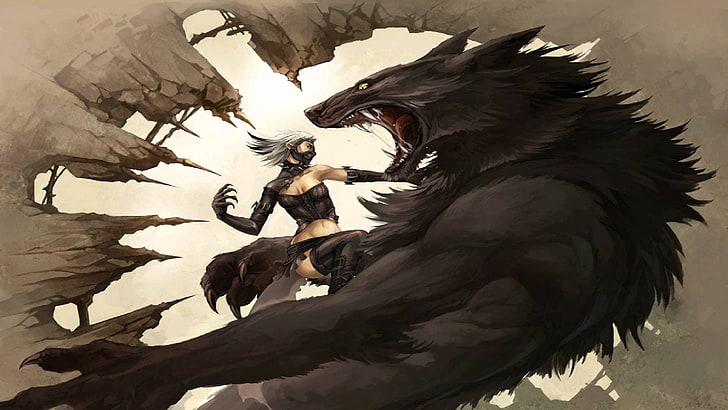 woman beside wolf digital wallpaper, werewolves, women, fighting