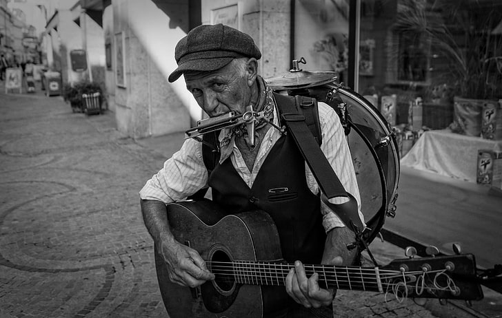 monochrome, old people, street music, musical instrument, one person