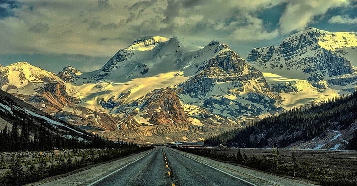 road near snow covered mountain, nature, landscape, mountains