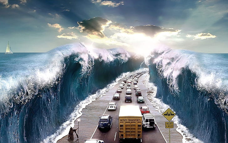 water clouds cars signs ships funny highway roads tsunami vehicles skyscapes moses 1920x1200 wall Entertainment Funny HD Art, HD wallpaper