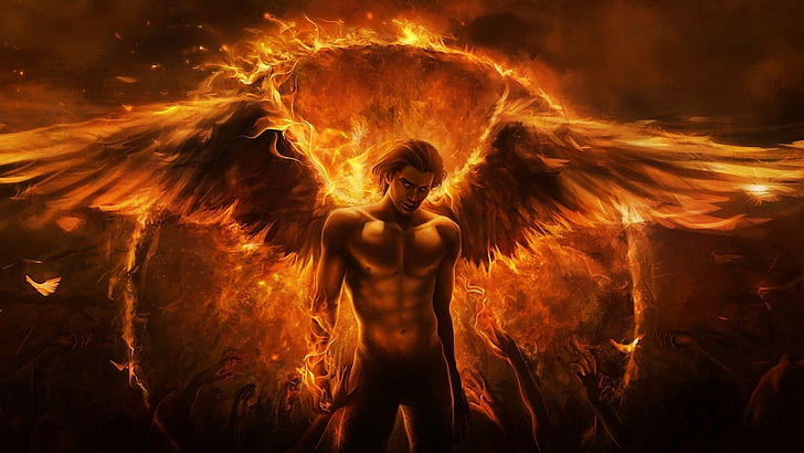 Fantasy, Angel, Fire, Man, Wings, burning, fire - natural phenomenon, HD wallpaper