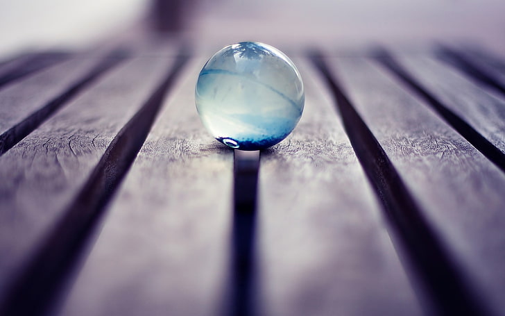 blue glass ball, photography, macro, marble, wood, wooden surface, HD wallpaper