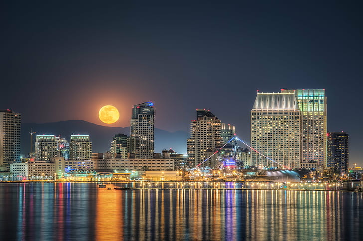panoramic photo of city during nighttime and full moon, San Diego Bay, HD wallpaper