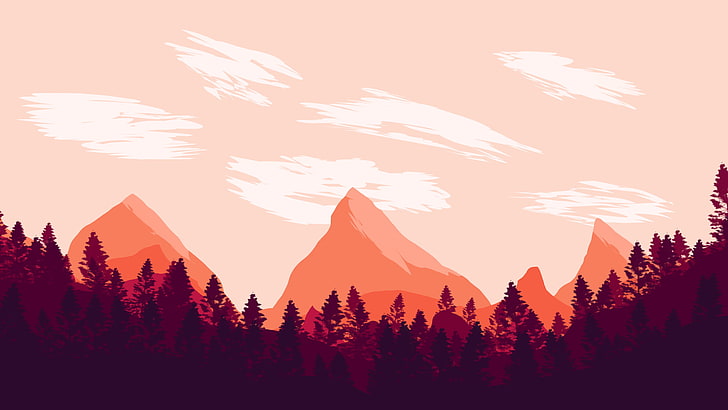 mountains illustration, minimalism, landscape, digital art, tree