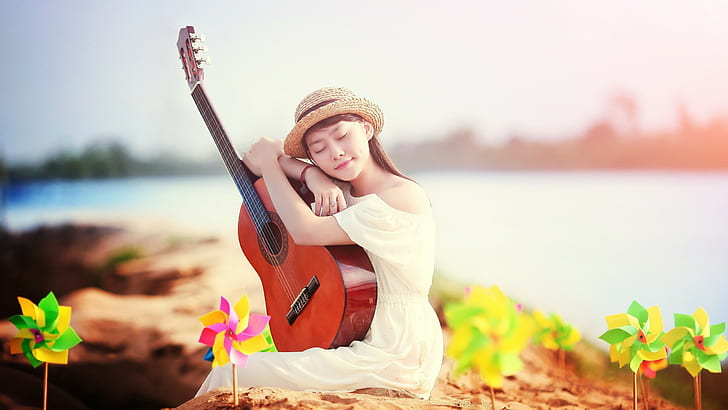 Woman, playing, the, guitar, girls, 2560x1440, 4k pics, HD wallpaper