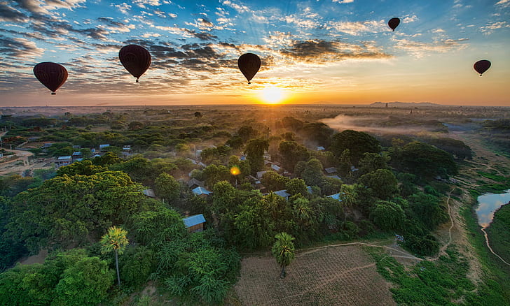 five black hot air balloon flying during sunset, bagan, bagan