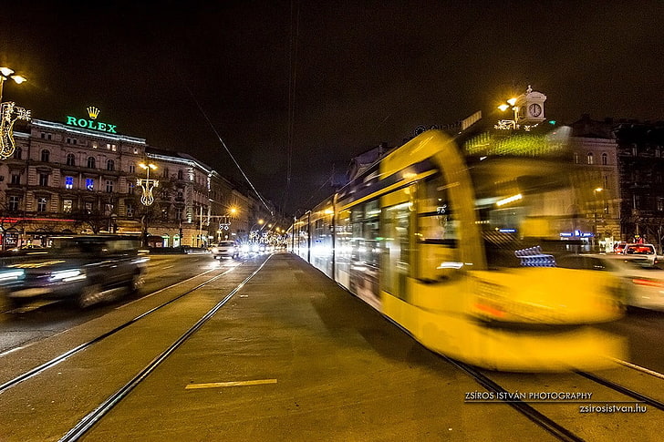 Budapest, Hungarian, Hungary, tram, long exposure, night, illuminated, HD wallpaper
