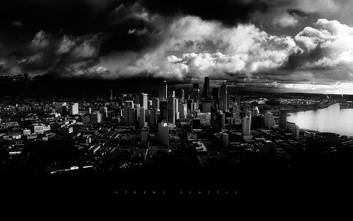 grayscale photo of city buildings, cityscape, Seattle, cloud - sky