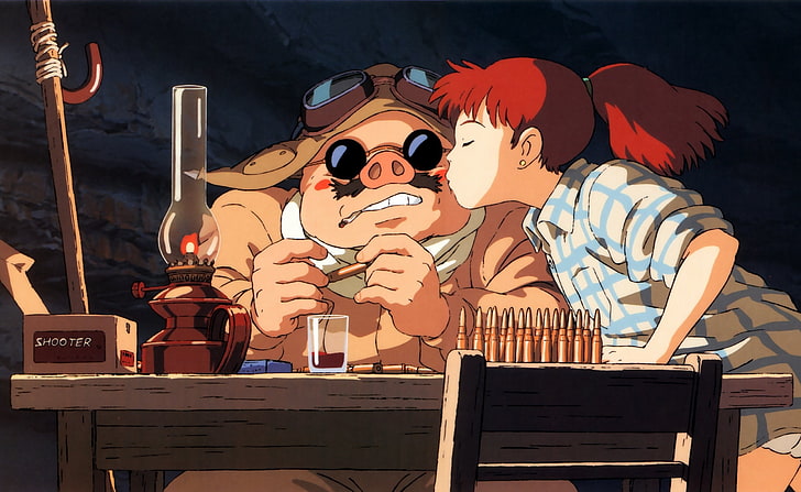 Porco Rosso, red-haired anime character wallpaper, Artistic, table