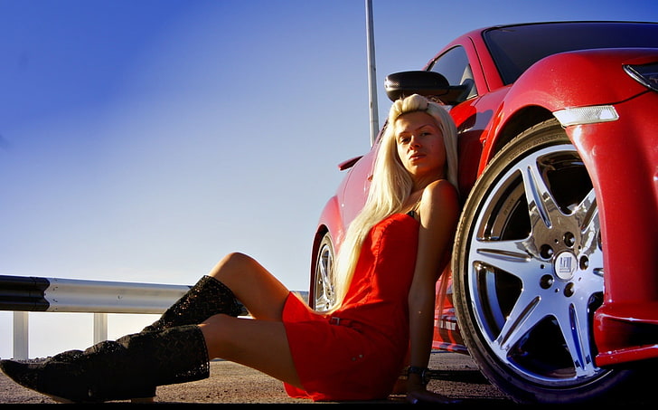 car, women with cars, blonde, sitting, red dress, knee-high boots
