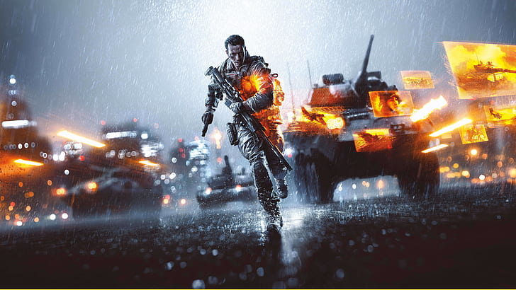 man holding rifle running with battle tank illustration, Battlefield 4, HD wallpaper