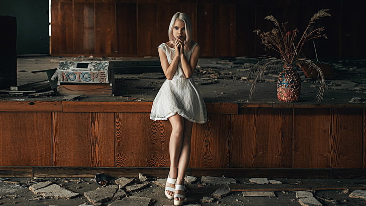 women's white sleeveless mini dress, ruin, interior, model, white dress