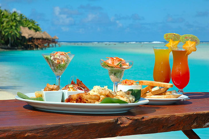 Lunch in The Cook Islands, beach, ocean, food, blue, paradise, HD wallpaper