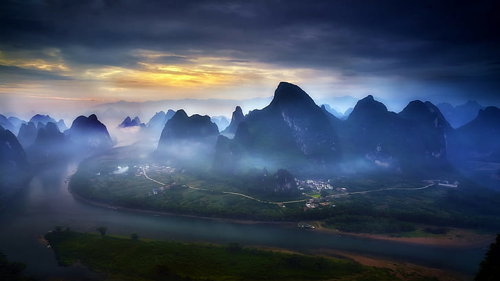 blue, China, field, Guilin, landscape, mist, mountain, nature, HD wallpaper