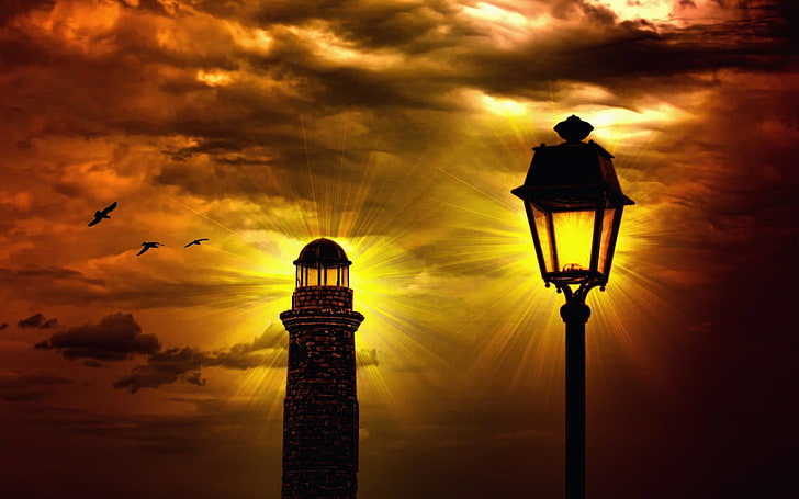 lighthouse, street light, sunset, birds, sky, silhouette, photo manipulation, HD wallpaper