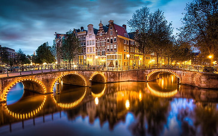 Amsterdam, Nederland, city, evening, lights, river, bridge, houses, trees