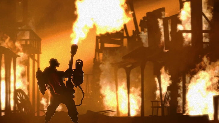 Team Fortress 2, silhouette, burning, fire, one person, holding, HD wallpaper