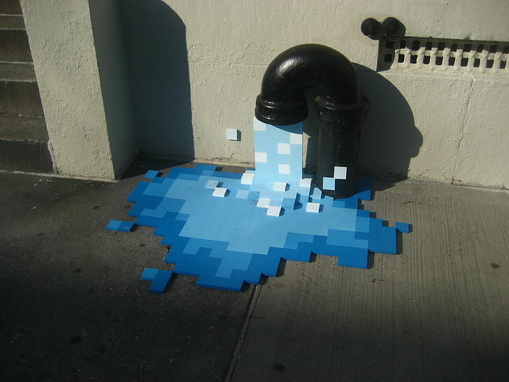 pixels, pixel art, street, water, pipes, building, artwork