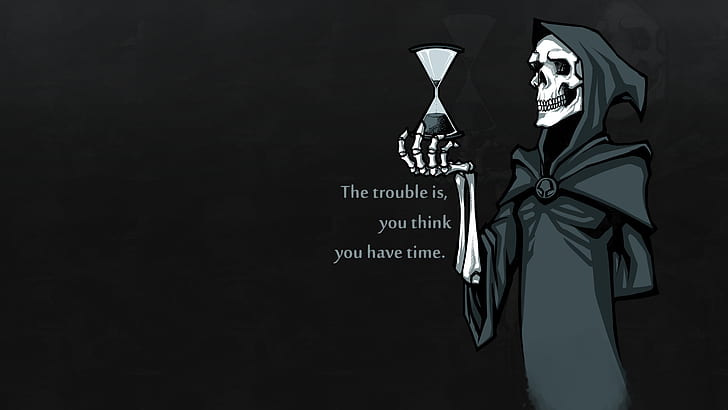 bones, digital art, grim reaper, Hoods, Hourglasses, quote