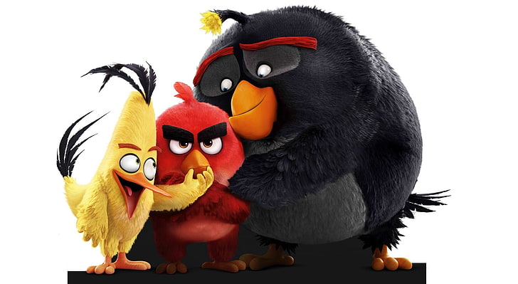 Angry Birds Movie 2016, three yellow, red, and black Angry Birds characters digital wallpaper