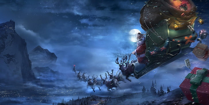 Santa Claus illustration, reindeer, sleigh, flying, gifts, christmas