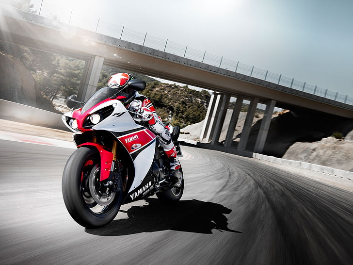 yamaha yzf-r1, racing, motorcycle, road, white, red, Vehicle