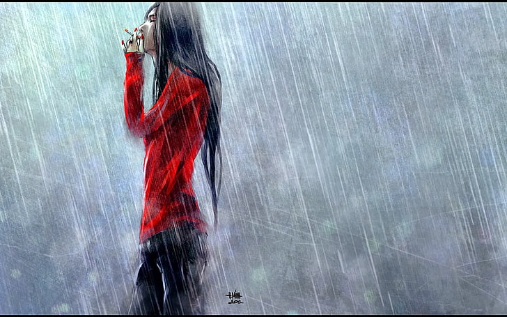 artwork, rain, smoking, NanFe, red dress, women, painted nails