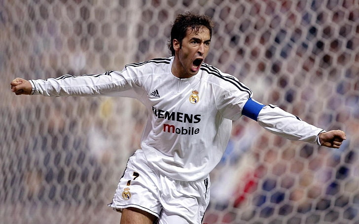 Real Madrid Raul Gonzalez, men's white and black adidas soccer jersey shirt, HD wallpaper