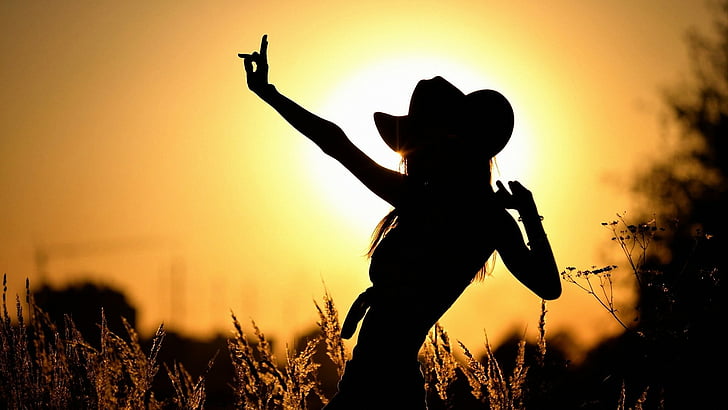 Women, Cowgirl, Hat, Silhouette, Sunset, sky, three quarter length, HD wallpaper