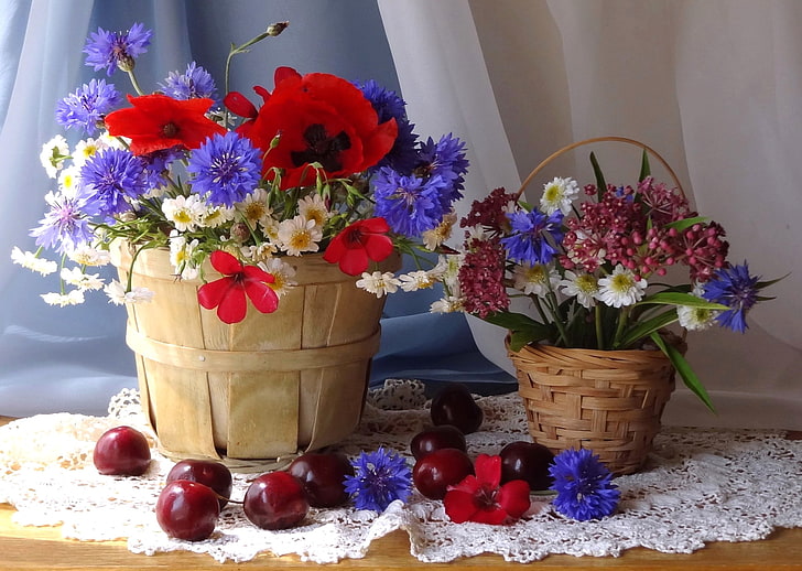 red poppy flowers and purple cornflowers, berries, bouquet, still life