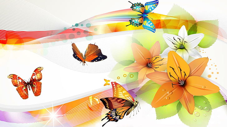 Lilies Butterflies Bright, lines, orange, papillon, butterfly, HD wallpaper