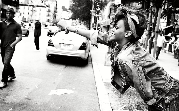Rihanna, Rihanna Fenty, Music, black and white, Monochrome, city