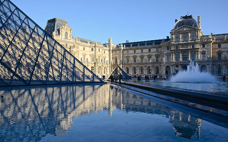 The Louvre Louvre Paris Pyramid Building Fountain Reflection HD, the louvre museum, HD wallpaper