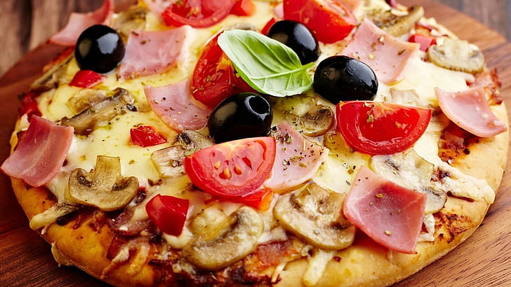 pizza, food, dishes, tomatoes, mushroom, HD wallpaper